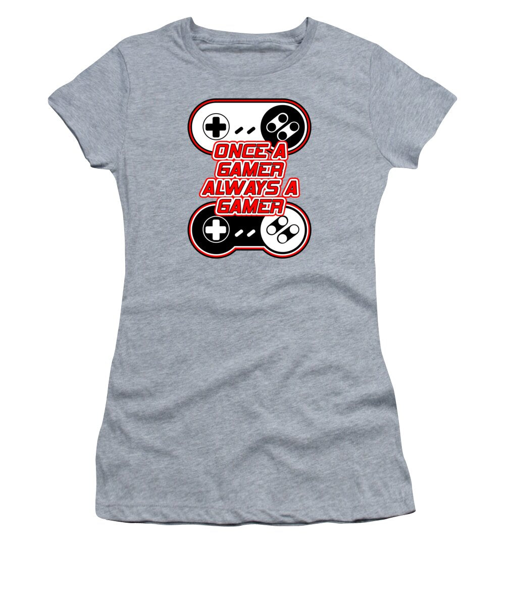 Heather gray women’s gamer T-shirt with controller graphic and “Once a Gamer” text