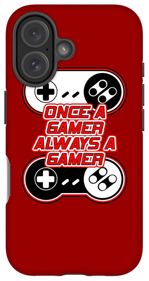 Red phone case with controller graphic and slogan; dual rear cameras
