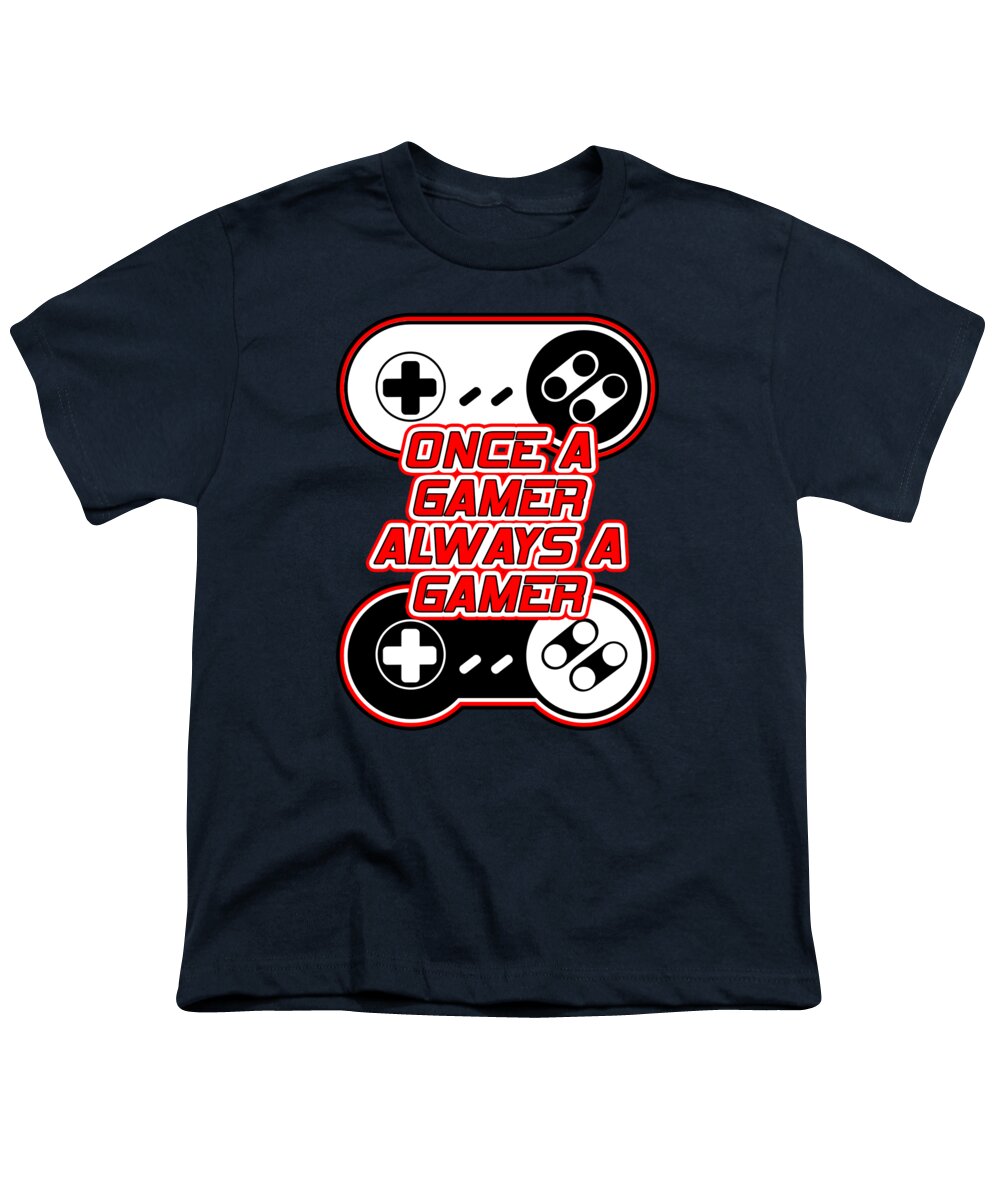 Black youth t-shirt with game controller graphic and “Once a Gamer Always a Gamer” text