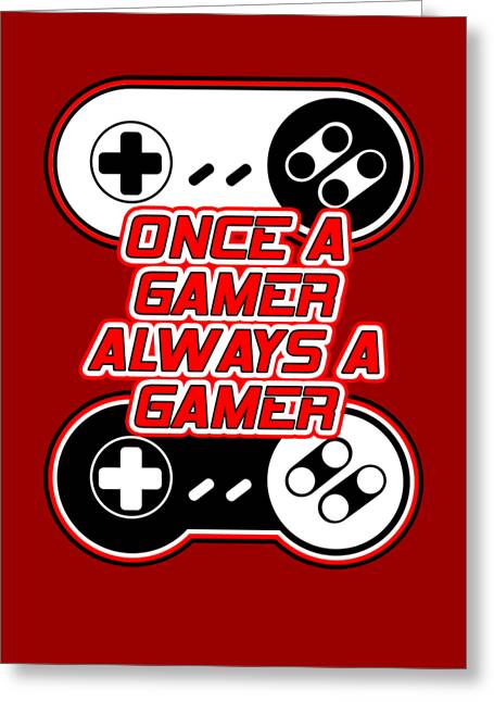 Red gaming greeting card with controller icons and 'ONCE A GAMER ALWAYS A GAMER' text