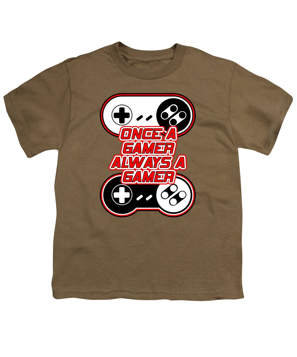 Olive/taupe youth t-shirt with game controller graphic and “Once a Gamer Always a Gamer” text