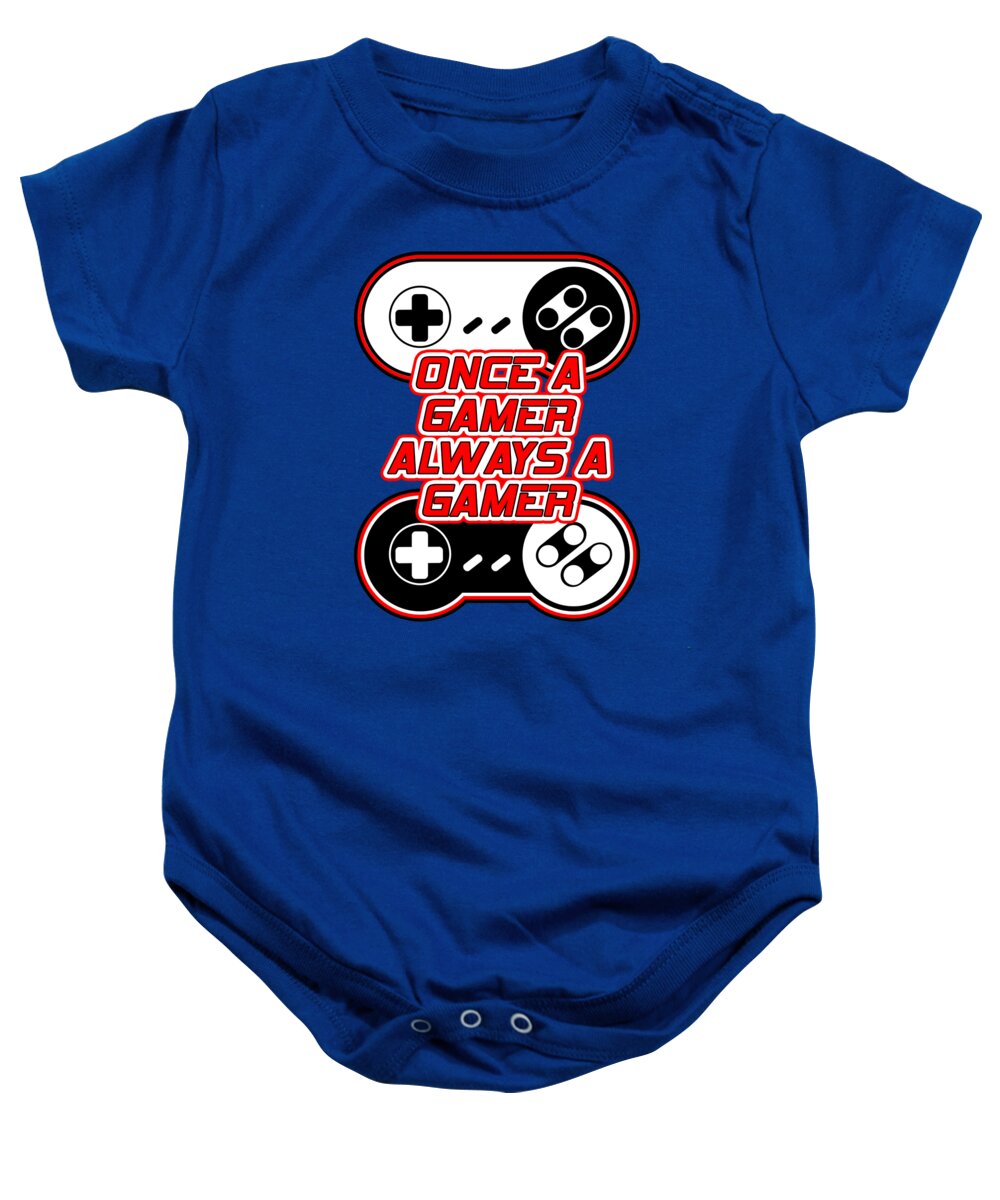 Blue baby onesie with game controller graphic and gamer text