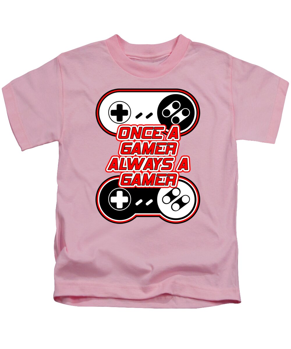 Kids T-shirt in light pink with gaming controller graphic and bold gamer slogan