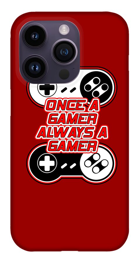 Red phone case with gaming controller graphic and gamer text; camera cutouts shown clearly