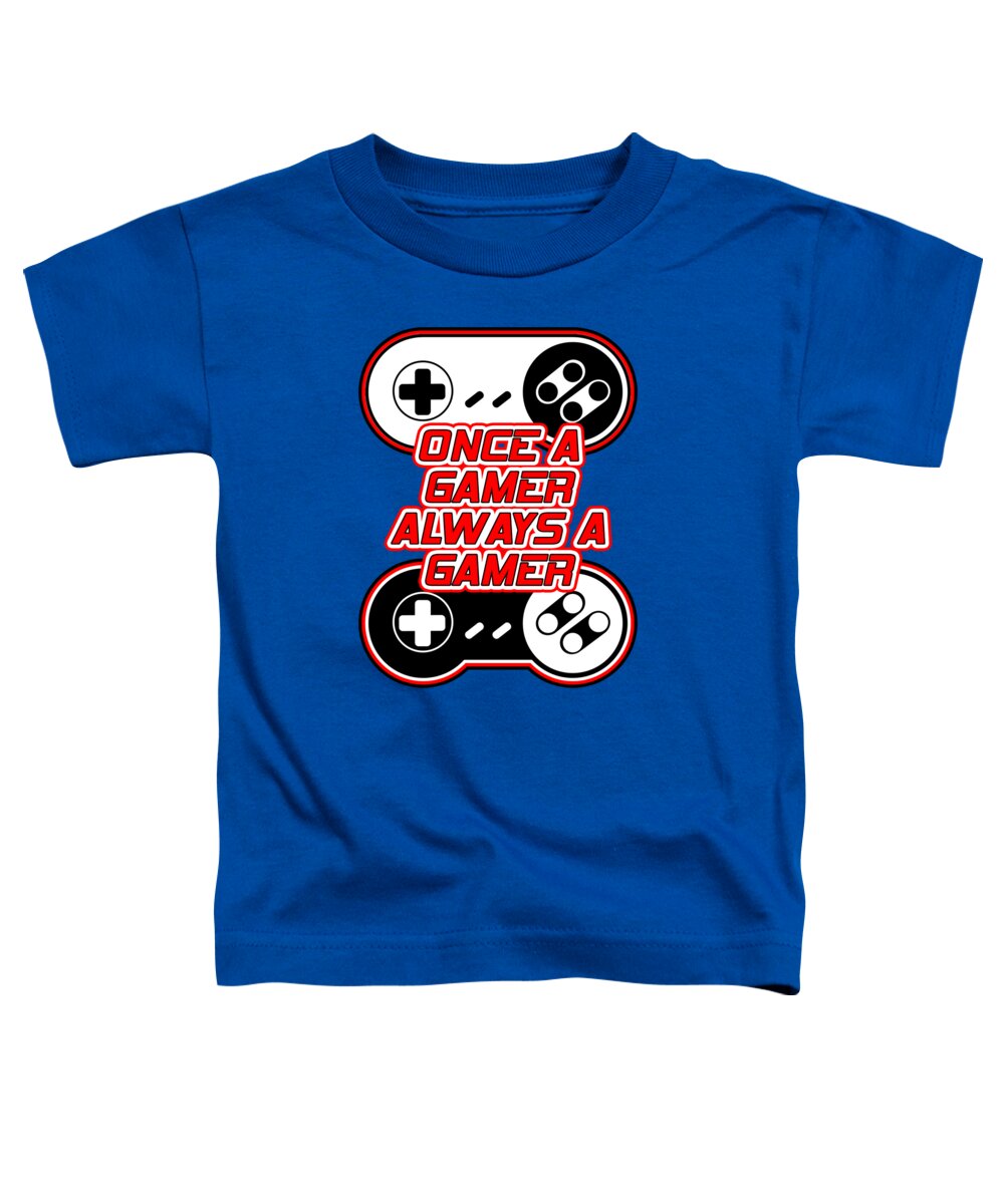 Blue toddler t-shirt with black-and-red game controller graphic