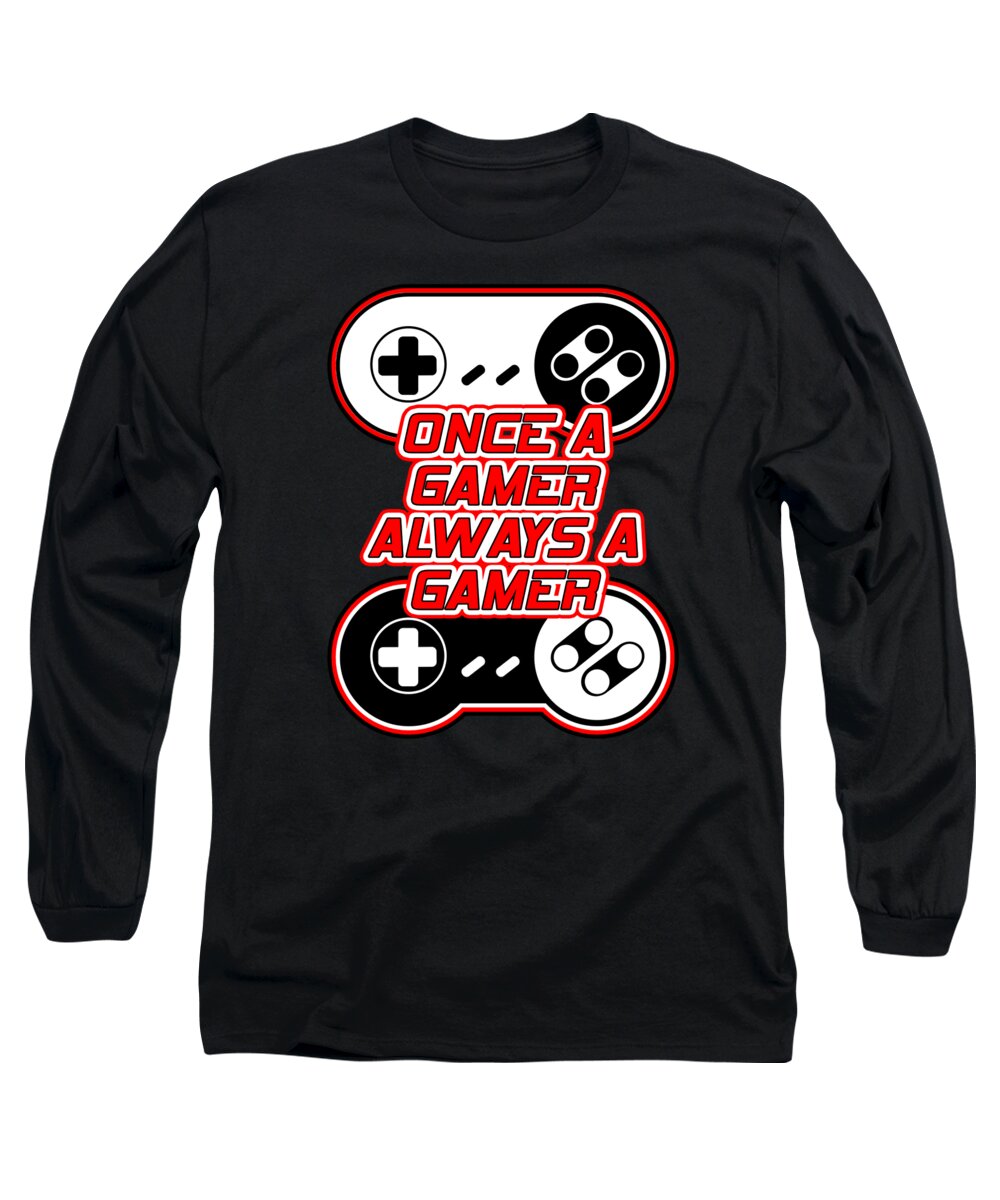 Black long sleeve T-shirt with gaming controller graphic and red text logo on chest