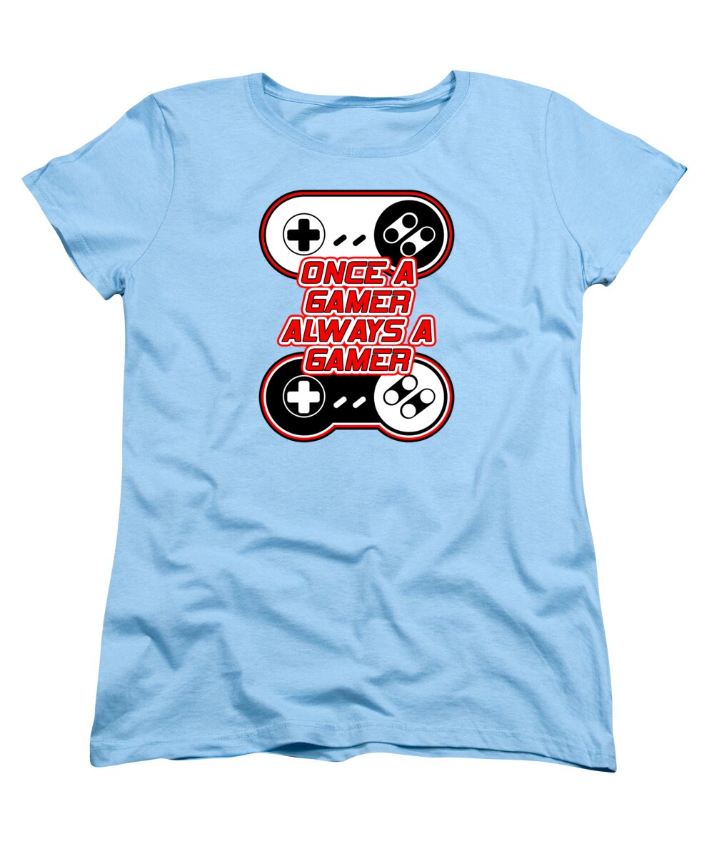 Light blue women's graphic t-shirt with gaming controller emblem at center
