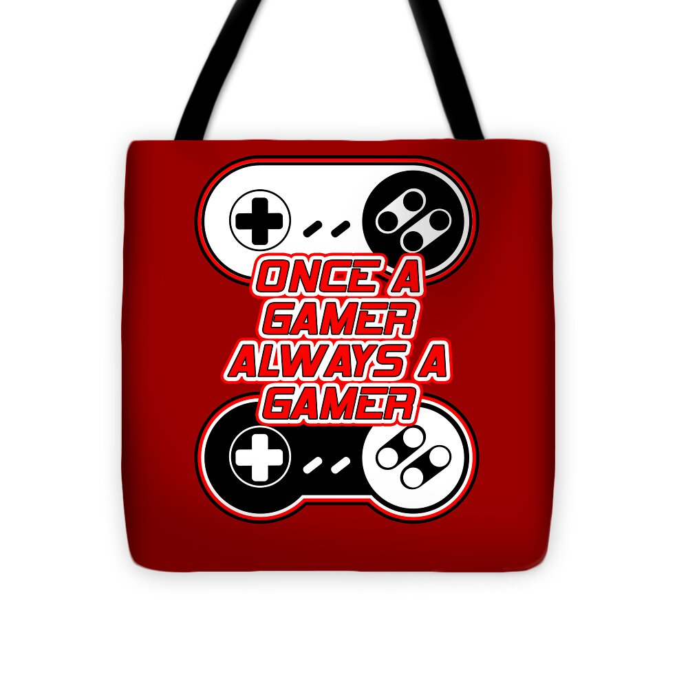 Red tote bag with gaming controller logo and gamer slogan in center; black handles
