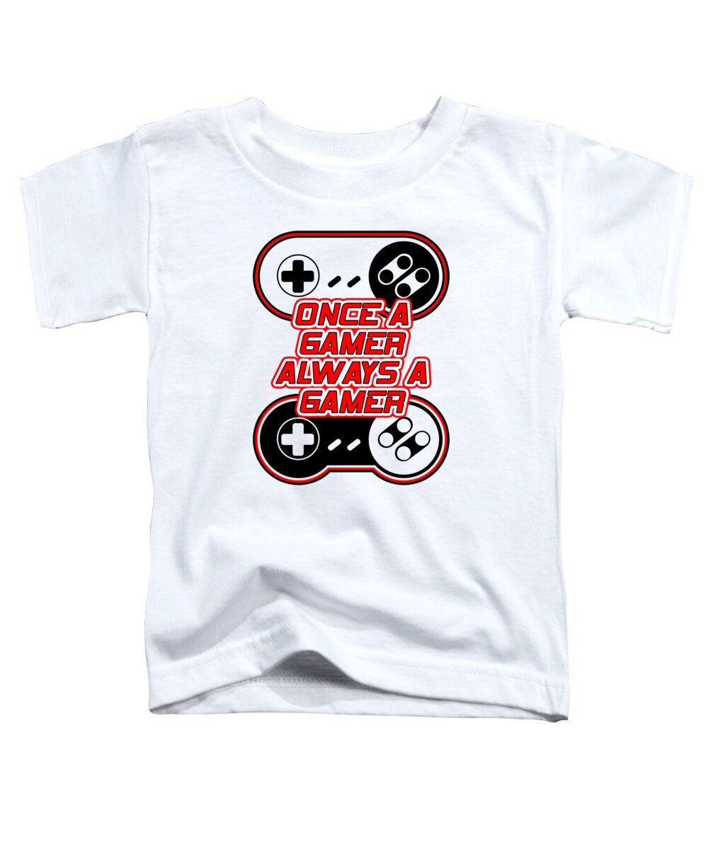 White toddler t-shirt with black-and-red game controller graphic