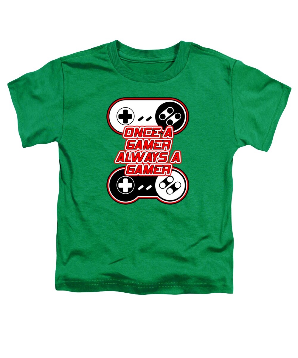 Toddler green T-shirt with game controller graphic and text design on front