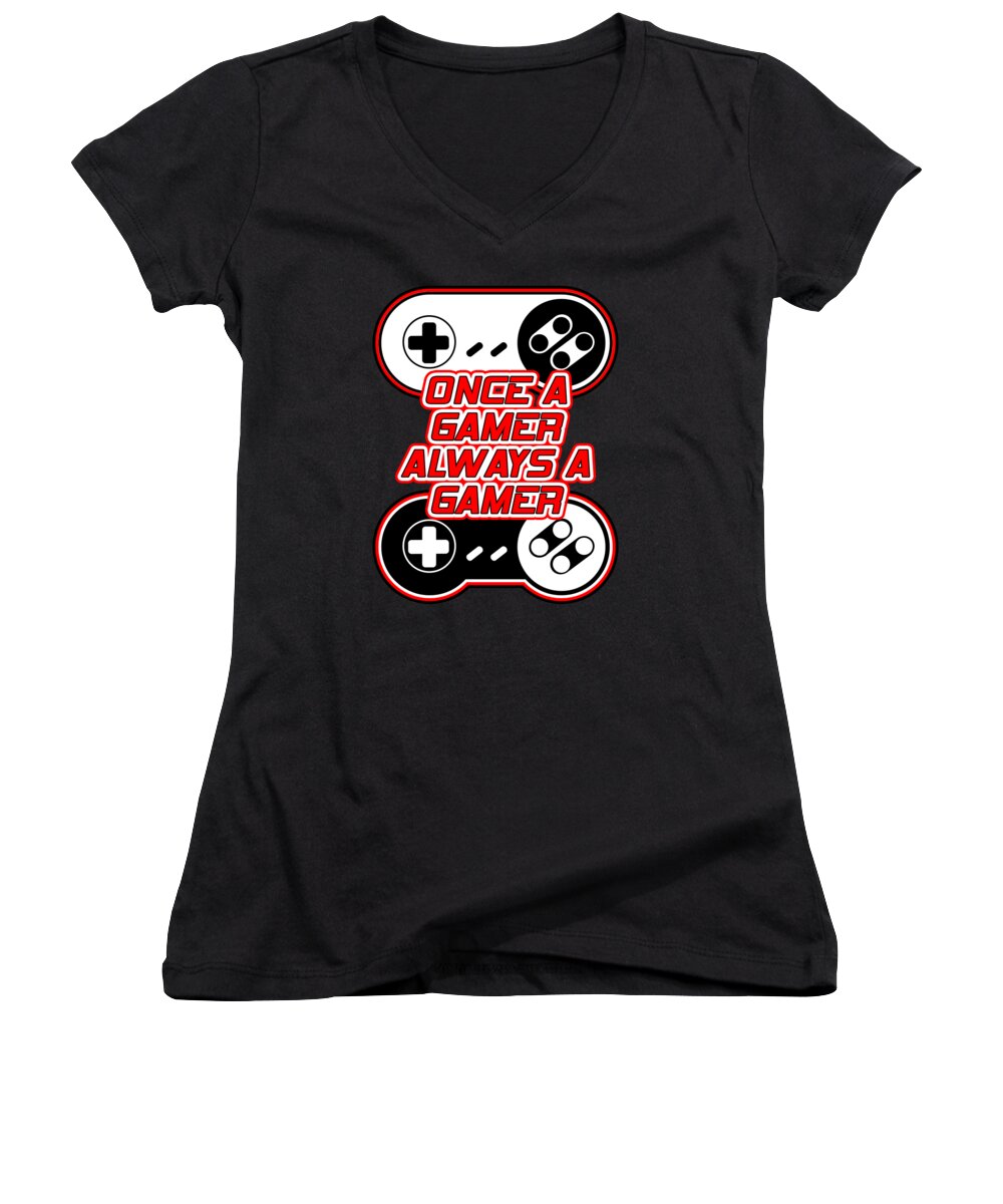 Black women's V-neck t-shirt with red game controller graphic