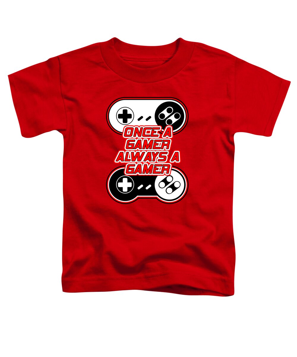 Toddler red T-shirt with game controller graphic and text design on front