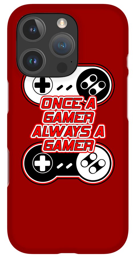 Red phone case with controller graphic and slogan; triple rear camera array