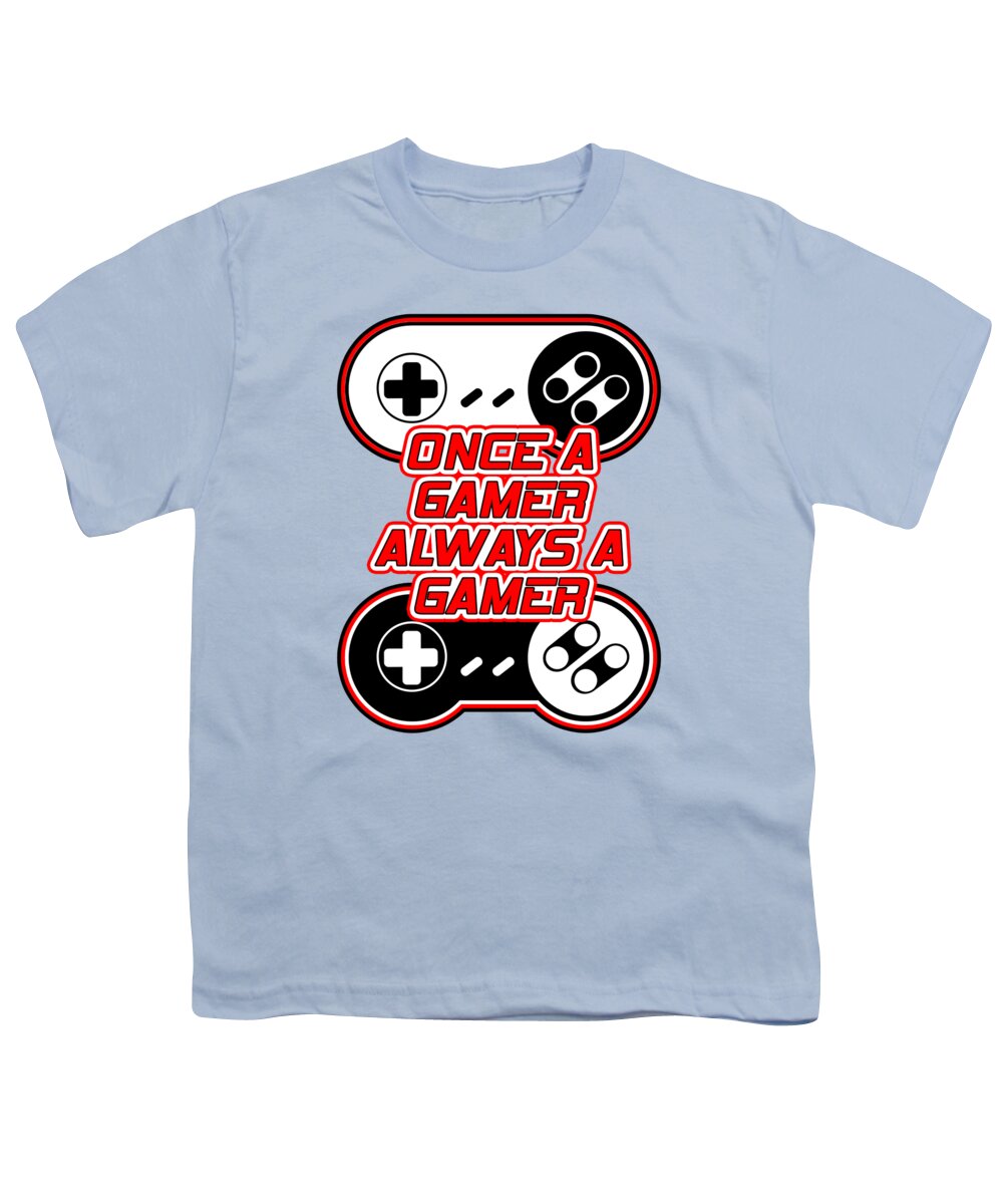 Light blue youth t-shirt with game controller graphic and “Once a Gamer Always a Gamer” text