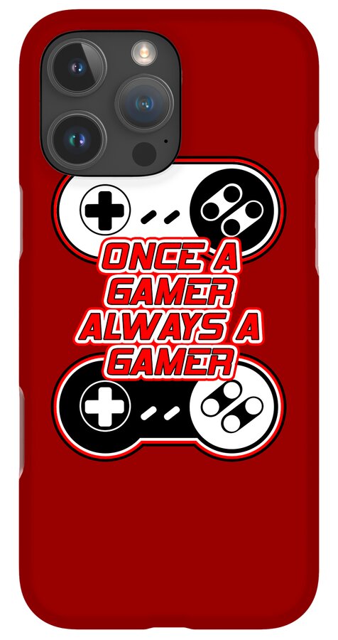 Red phone case with gaming controller graphic; camera cutout area visible.