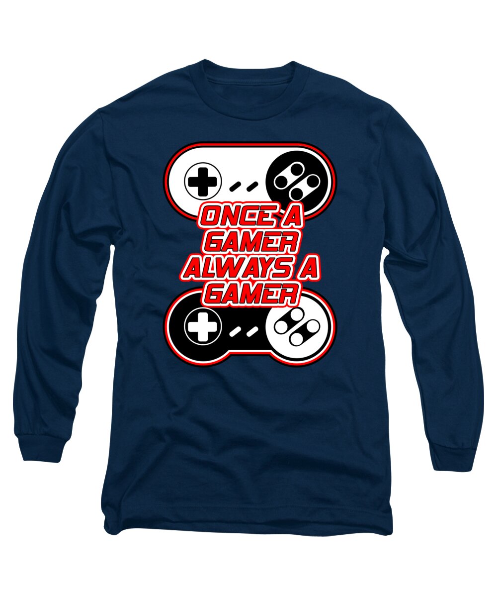 Navy long sleeve T-shirt with gaming controller graphic and red text logo on chest