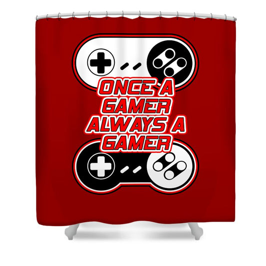 Red shower curtain with gaming controller icons and bold gaming slogan lettering