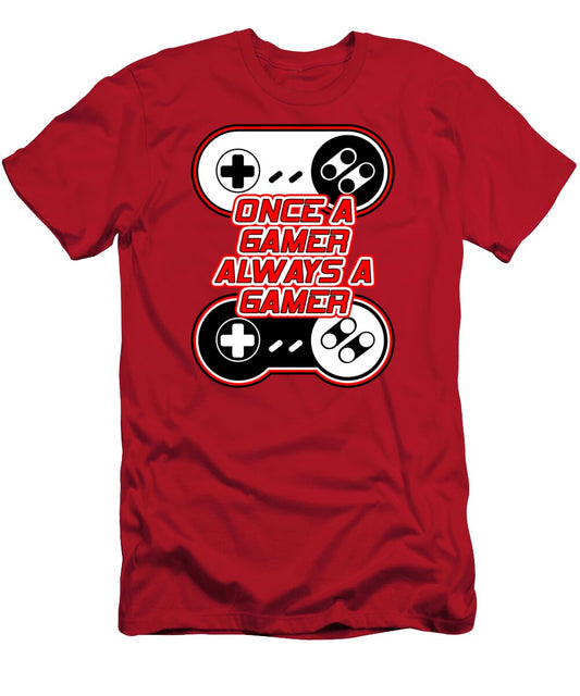 Red gamer T-shirt with bold controller-and-plus graphic on chest