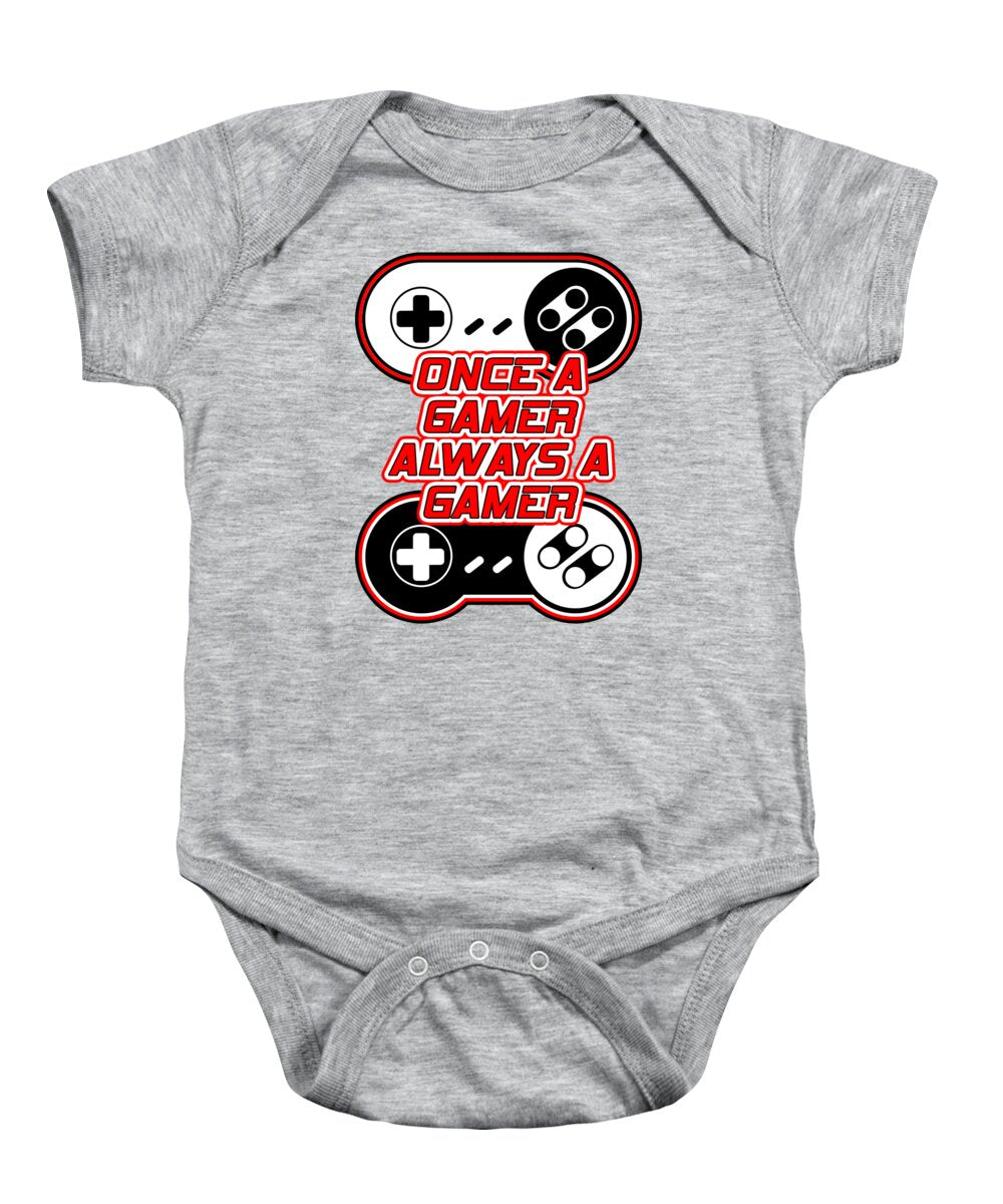 Heather gray baby onesie with gaming controller graphic and slogan on front