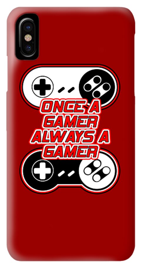 Red phone case with gaming controller icons and Once a gamer text, darker camera module