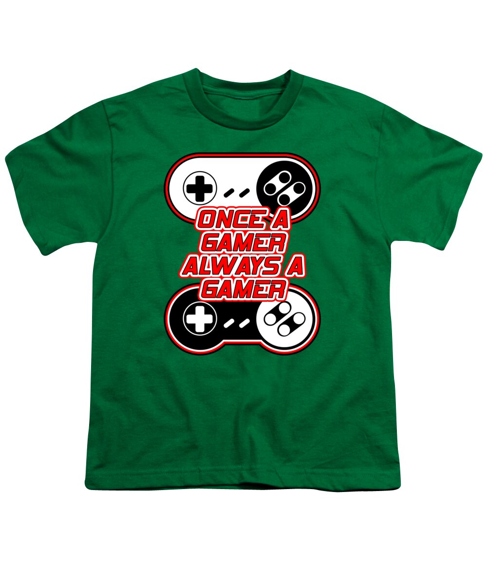 Youth T-shirt, green, gaming controller graphic with “Once a Gamer, Always a Gamer”