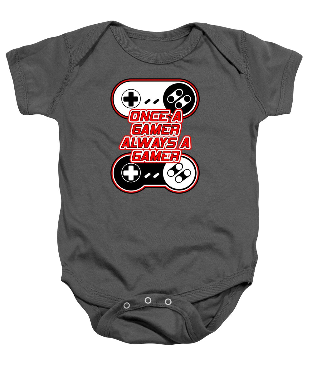 Charcoal baby onesie with gaming controller graphic and slogan on front