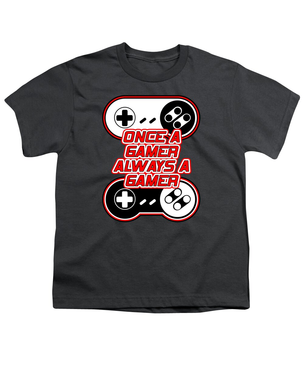 Youth T-shirt, dark gray, gaming controller graphic with “Once a Gamer, Always a Gamer”