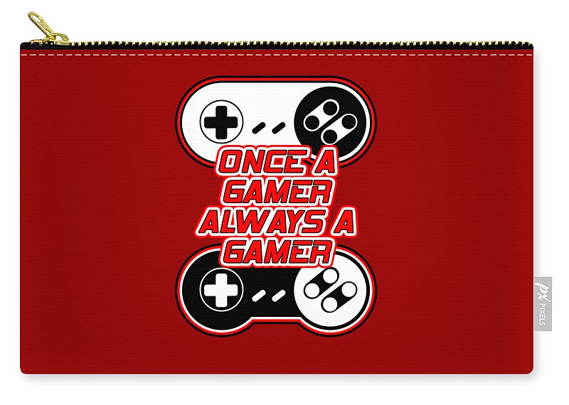 Red zip pouch with gold zipper pull and centered gamer controller graphic