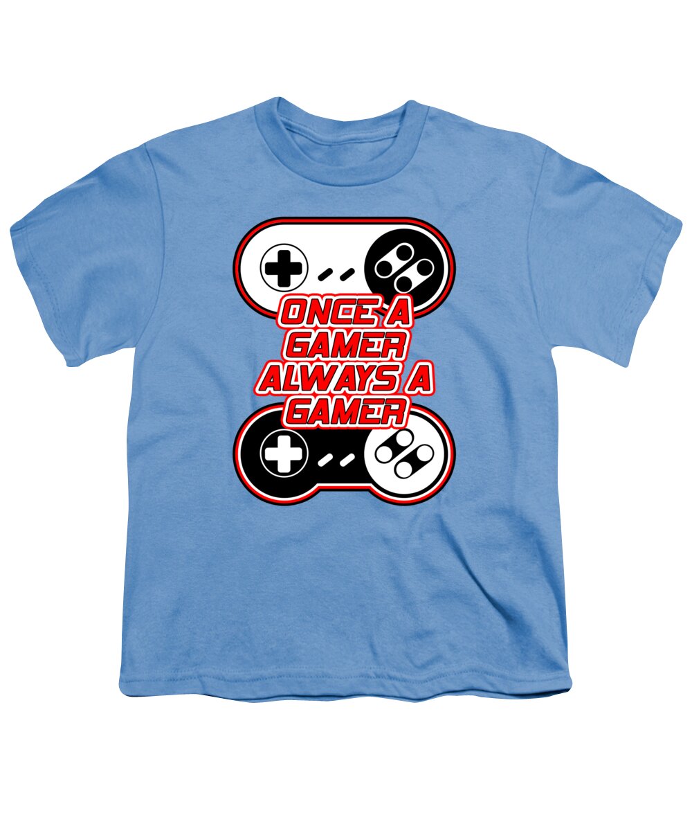 Youth T-shirt, light blue, gaming controller graphic with “Once a Gamer, Always a Gamer”