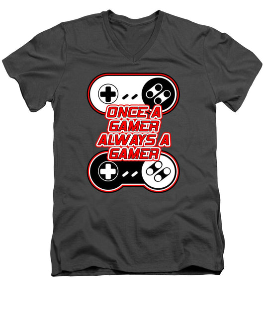 Men's charcoal V-neck T-shirt with gaming controller graphic print