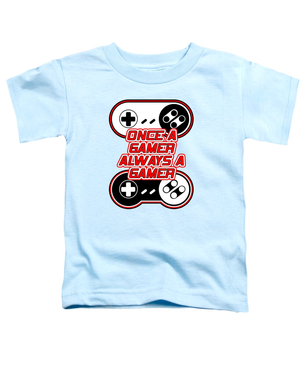 Toddler pale blue T-shirt with game controller graphic and text design on front