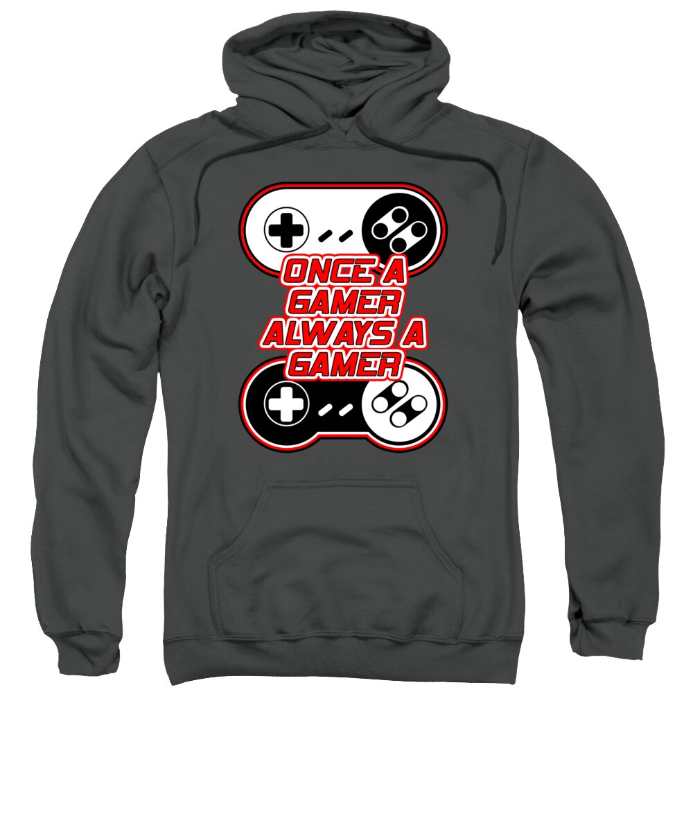 Charcoal hoodie sweatshirt with colorful gaming controller graphic on chest