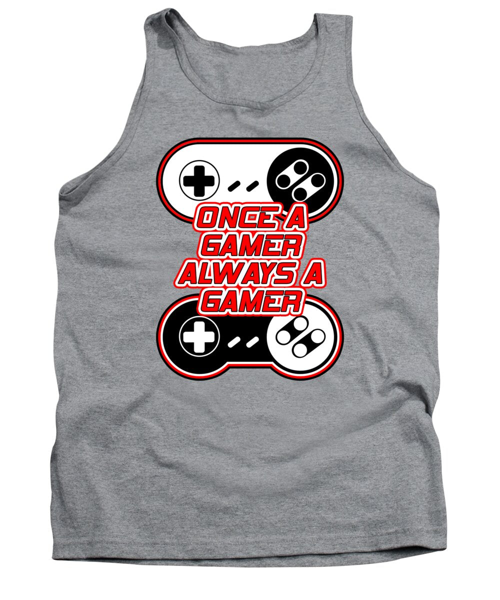 Heather gray gamer tank top with front gaming-controller graphic, crew neck and sleeveless cut