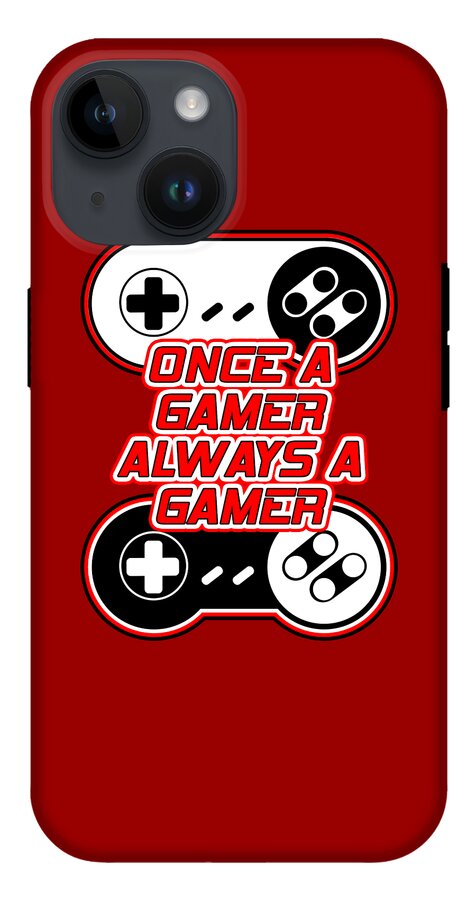 Red phone case featuring gaming controller graphic with gamer text; camera cutouts at top