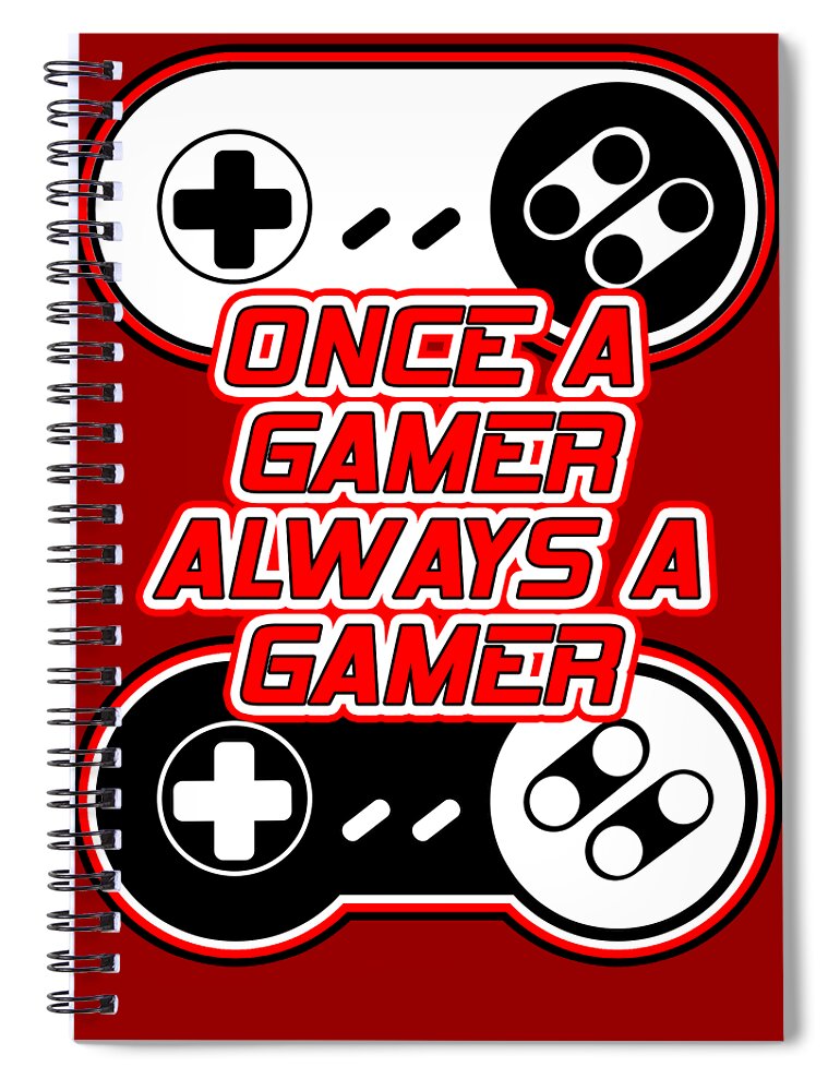 Red spiral notebook with game controller icons and bold gamer text cover