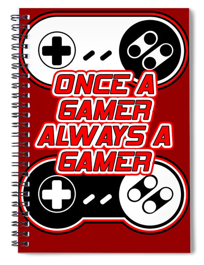 Red spiral notebook with game controller icons and bold gamer text cover
