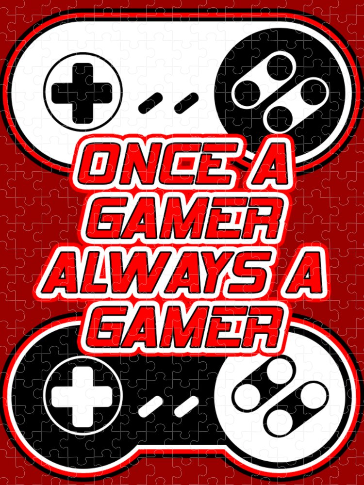 Gaming puzzle graphic with stacked gamepad and Once a Gamer Always a Gamer text