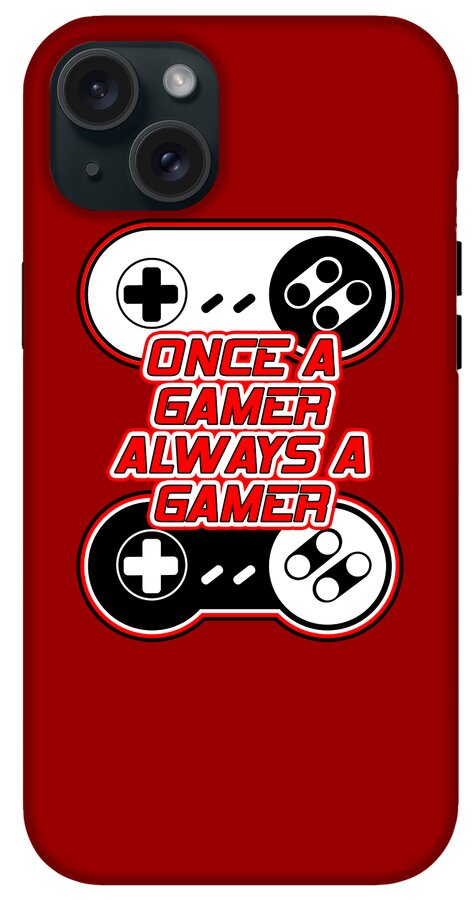 Red phone case with gaming controller graphic and Once a Gamer Always a Gamer text; side buttons visible.