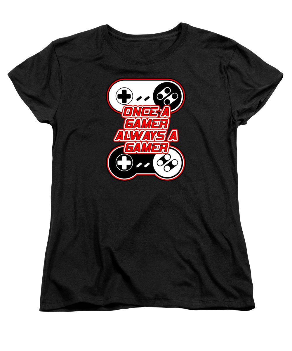 Black women's graphic t-shirt with gaming controller emblem at center