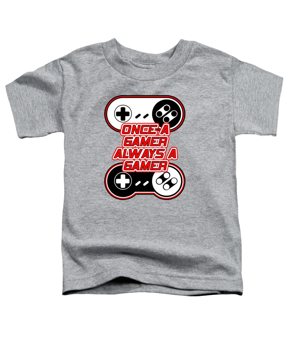 Toddler heather gray T-shirt with game controller graphic and “Once a Gamer” text