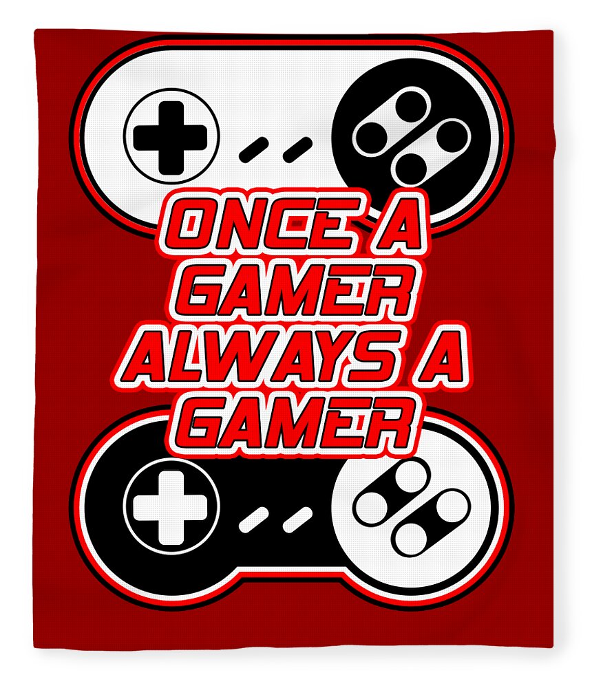 Red gaming blanket with controller icons and text "Once a Gamer, Always a Gamer"