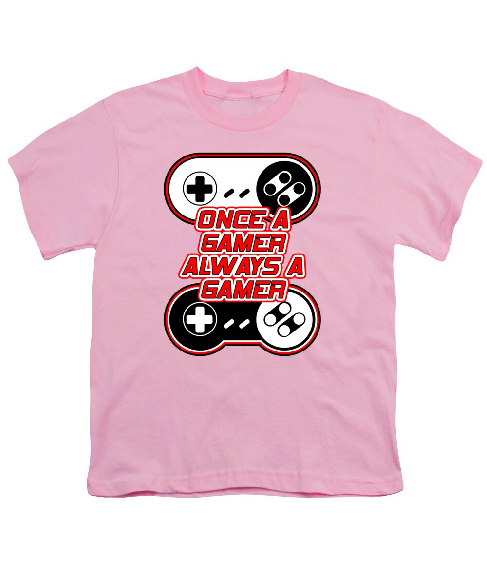 Pink youth t-shirt with game controller graphic and “Once a Gamer Always a Gamer” text