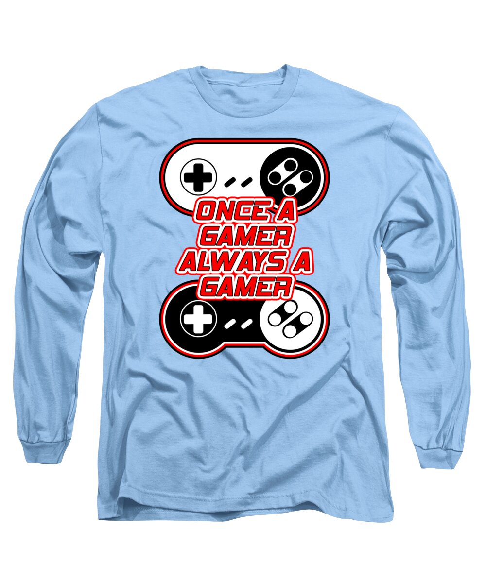 Light blue long sleeve T-shirt with gaming controller graphic and red text logo on chest