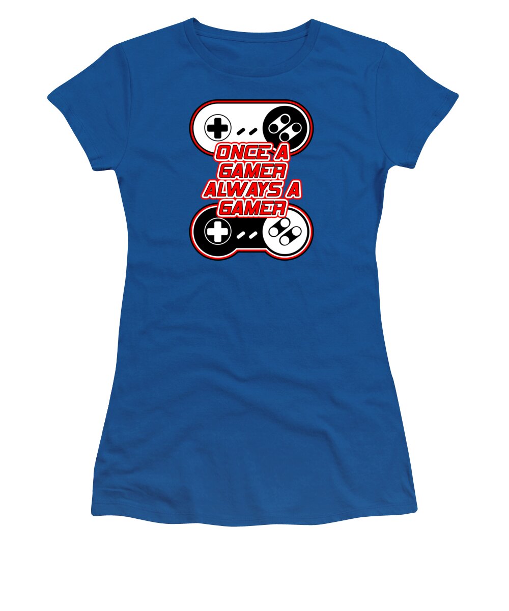 Royal blue women’s gamer T-shirt with controller graphic and “Once a Gamer” text