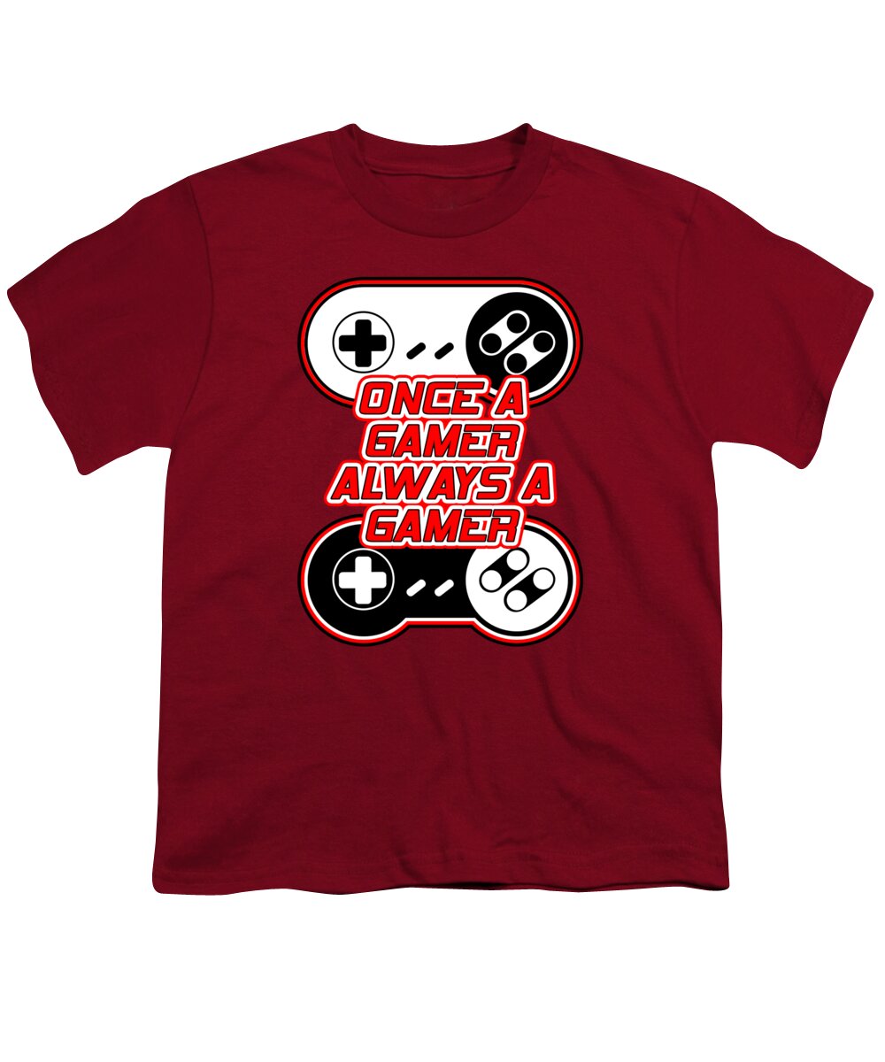 Youth T-shirt, cardinal red, gaming controller graphic with “Once a Gamer, Always a Gamer”