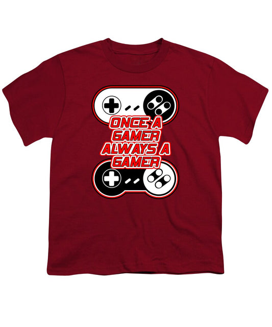 Youth T-shirt, cardinal red, gaming controller graphic with “Once a Gamer, Always a Gamer”