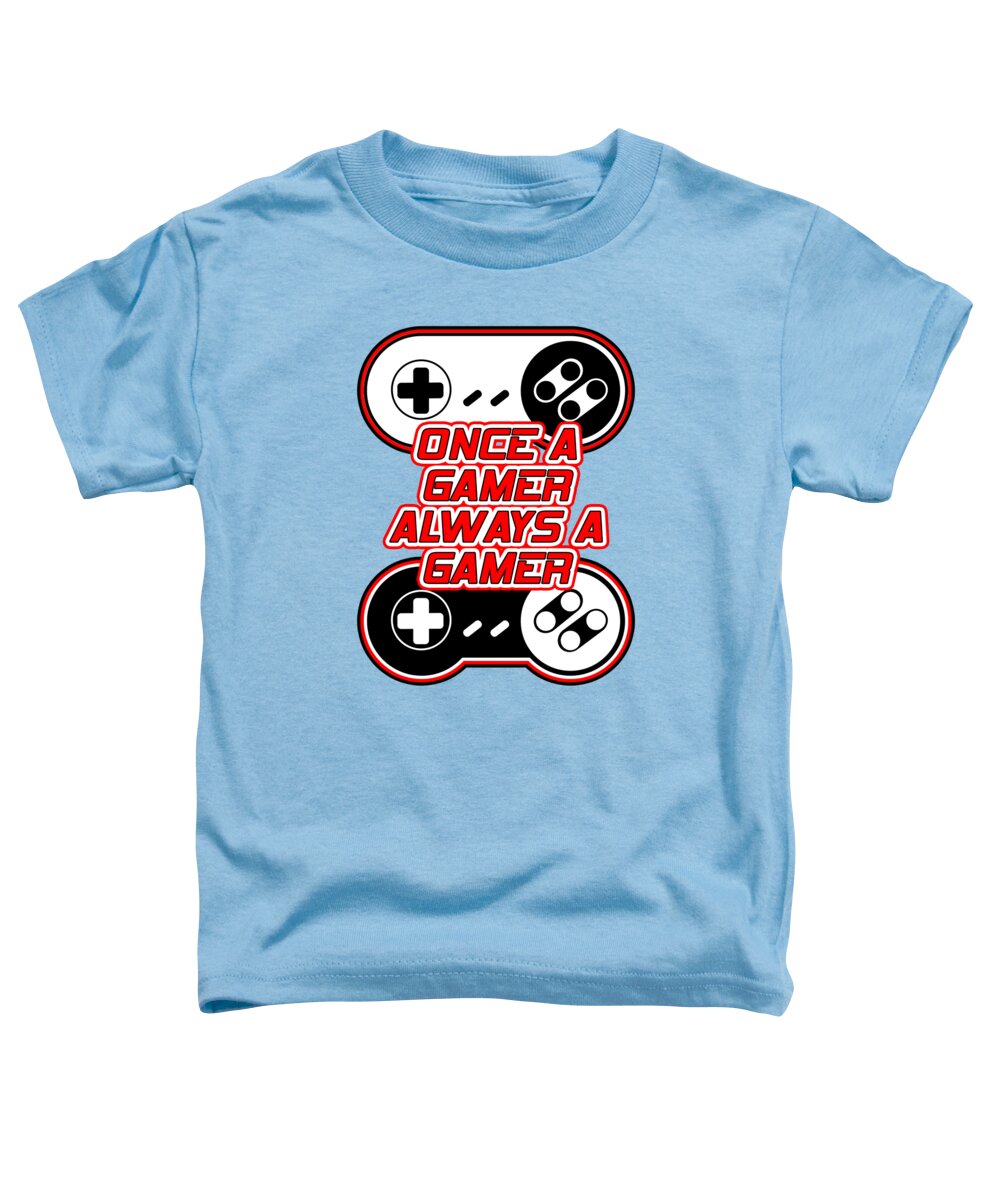 Toddler light blue T-shirt with game controller graphic and text design on front