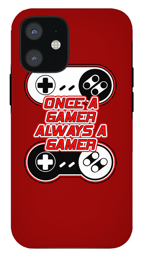 Red phone case with gaming controller graphic and Once a gamer text