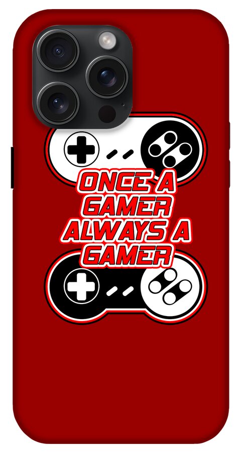 Red phone case with gaming controller graphic and bold gamer text; camera cutouts top
