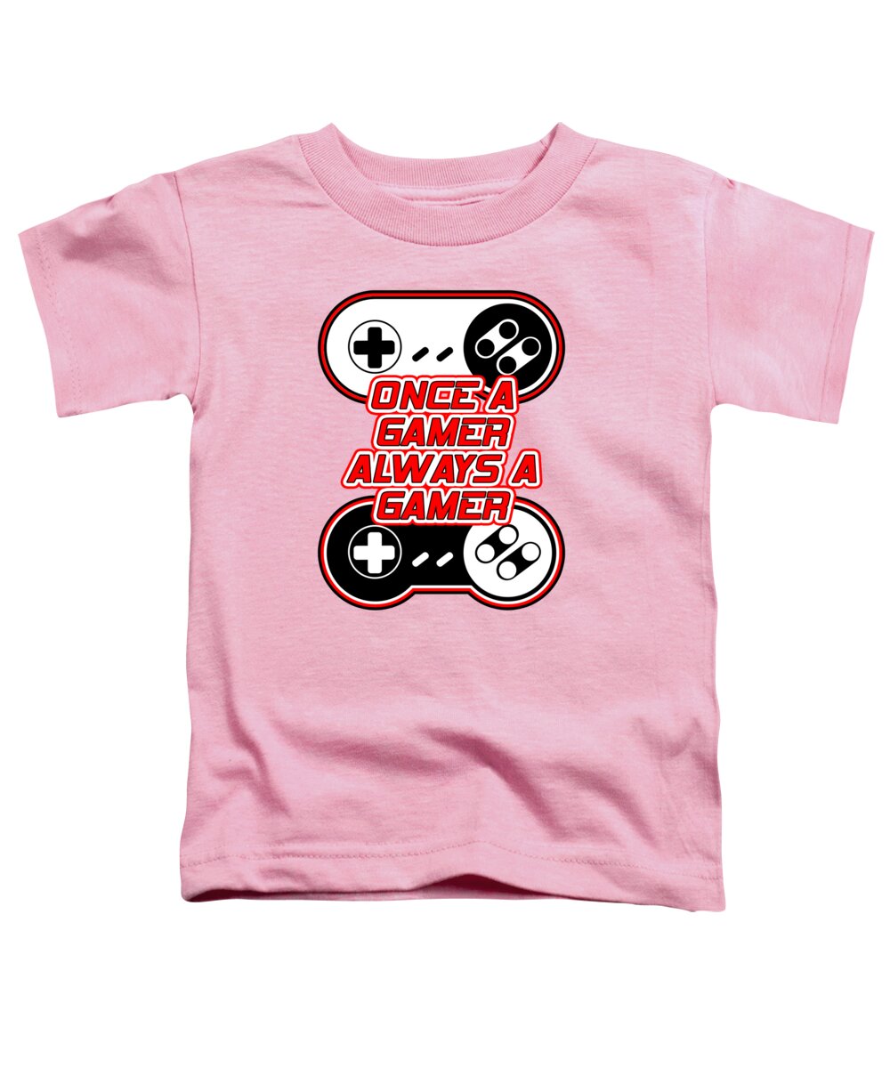 Toddler pink T-shirt with game controller graphic and text design on front